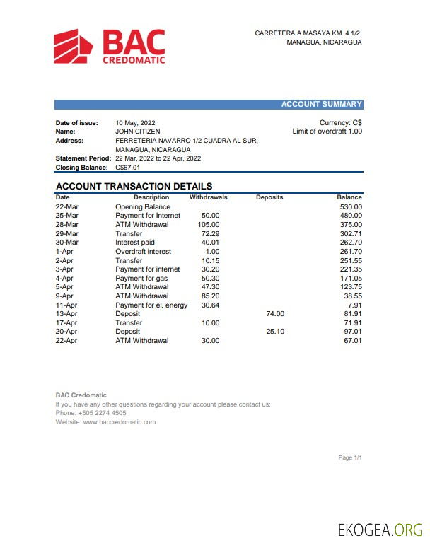 Modèle Excel et PDF de relevé bancaire Nicaragua BAC Credomatic